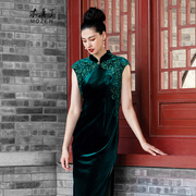 木真了丝绒旗袍裙，修身女装中国风，刺绣立领宴会中长款礼服111