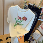 郁金香印花白色短袖t恤女夏日式(夏日式)设计感小众，宽松甜美半袖上衣