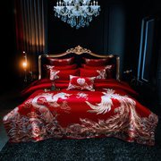 高端四件套结婚床上用品婚庆100s支长绒棉刺绣，大红纯棉龙凤十件套