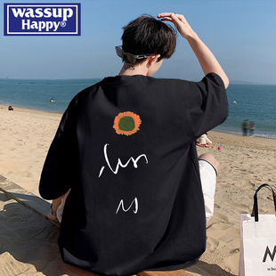 wassup happy重磅短袖t恤男夏季ins潮牌小众设计感宽松七分袖体恤