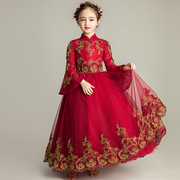 女童礼服公主裙花童，婚纱长袖中式儿童演出服，红色主持人晚礼服秋冬