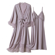 春夏季性感蕾丝睡衣女薄款冰丝，两件套吊带睡裙，睡袍带胸垫加长款