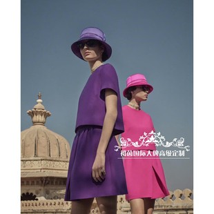 高级定制欧美大牌紫色短袖圆领上衣+A字半裙时尚套装裙夏季宽松OL