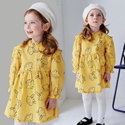 100-130码秋款女童女宝满印褶皱，花边领黄色，长袖连衣裙公主裙