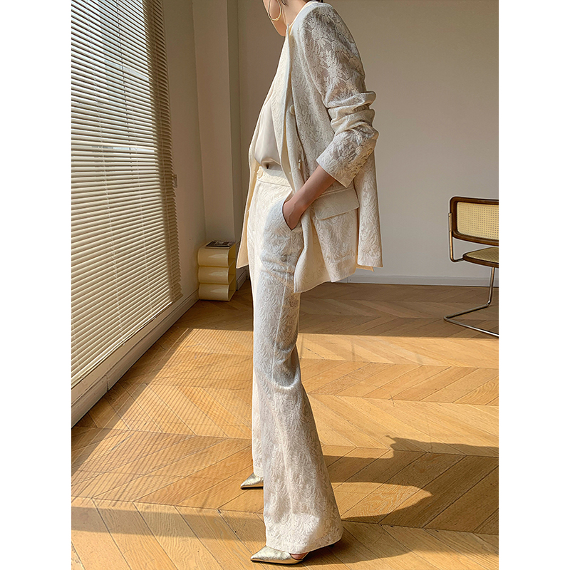 WANGXO米白色两件套装女夏季2023长袖蕾丝西装外套高腰微喇裤