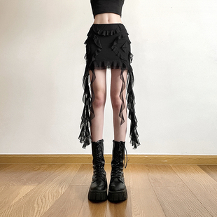 kliou法式辣妹风荷叶边飘带，黑色半身裙女设计感显瘦高腰包臀短裙