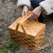 木质编野餐篮购物篮带盖收纳盒 户外饭菜提篮面包筐春游便携篮子