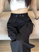 黑色美式工装裤女2024春季高腰，复古束脚运动裤宽松窄版阔腿裤
