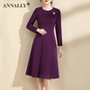 annally冬季气质优雅修身显瘦中长款玫紫色连衣裙
