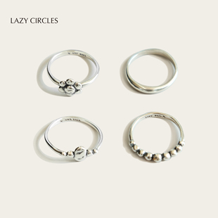 lazycircles小花素圈戒指，古银色石塔圆珠，基础日常百搭古银纯银