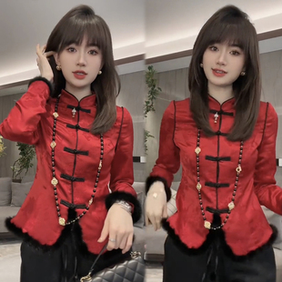 中式国潮风衬衫女2023冬季洋气显瘦红色加厚盘扣百搭唐装上衣