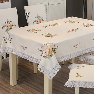 刺绣餐桌布台布棉麻绣花长方形白色蕾丝茶几布艺盖S巾欧式田园客