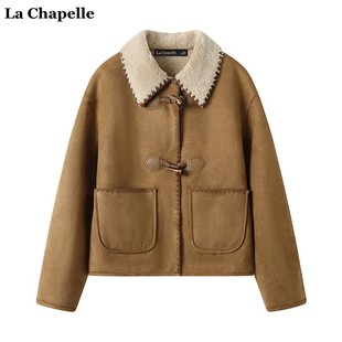 拉夏贝尔/La Chapelle牛角扣麂皮绒外套女秋冬加绒加厚羊羔毛上衣