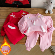 女童民族风加绒年款卫衣套装红色儿童新年服加厚秋冬装韩版两件套