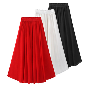 白色雪纺广场舞红裙子跳舞红色半身裙小个子长裙，大摆裙舞蹈裙