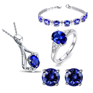 蓝色坦桑石耳钉(石耳钉)欧美蓝水晶项链镶钻彩宝手链四爪蓝宝石戒指套装