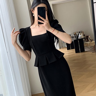 2024夏季黑色连身裙，优雅气质简约假两件长裙