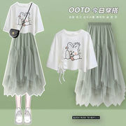 女童时尚套装洋气时髦裙子，2024夏季中大童甜美韩系短袖两件套