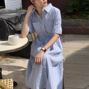 韩国chic夏季优雅气质翻领双口袋系带收腰显瘦短袖衬衫连衣裙女