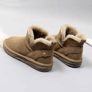 时尚牛皮羊毛雪地靴女短靴，冬季一脚蹬平底棉鞋，学生保暖面包鞋