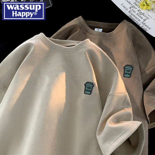 WASSUP HAPPY麂皮绒短袖t恤男士夏季小众潮牌休闲重磅五分袖体恤