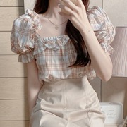 韩国chic夏季法式小众设计感荷叶边拼接方领灯笼，袖短款格子衬衫女