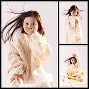 男女童白色毛衣长款儿童摄影服装新年主题圣诞写真艺术照影楼服饰