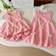 夏天姐妹款套装，2024夏季韩版女童蝴蝶结，无袖背心裙宝宝两件套