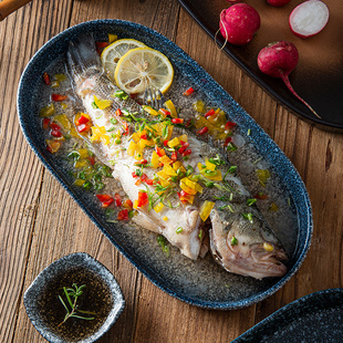 日式餐具鱼盘子创意家用椭圆长方形装鱼蒸鱼用的盘子鱼碗盘碟