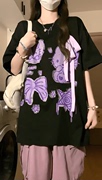 凯蒂猫蝴蝶结短袖t恤女丝带设计夏季宽松纯棉，半袖百搭黑紫色上衣