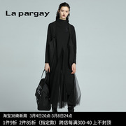 Lapargay纳帕佳2023秋冬黑色裙子设计感小众网纱拼接连衣裙女