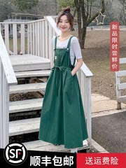 绿色森系复古背带裙夏季女2023韩版宽松收腰显瘦工装连衣裙子