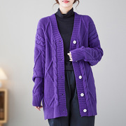 今年流行慵懒风紫色毛衣针织，开衫外套2023秋冬中长款宽松上衣