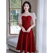 法式敬酒服新娘夏季红色小晚礼服连衣裙平时可穿订婚回门便装纱袖