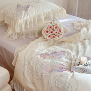 小清新高端100支长绒棉四件套纯棉法式蕾丝床上用品全棉床单被套