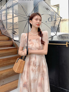 韩国chic夏季复古温柔风方领花色晕染拼接网纱设计感短袖连衣裙女