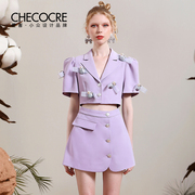 茬客个性气质感紫色连衣裙夏立体(夏立体)花朵优雅设计感假两件通勤西装裙