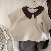 森系复古气质韩国儿童蝴蝶，领棉麻短袖娃娃，衫女童宽松苎麻衬衫