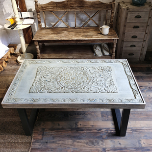 法式摩洛哥风格设计师款复古实木雕花茶桌客厅做旧长方形装饰茶几