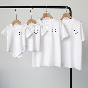亲子装一家三口四口夏装笑脸T恤短袖母子母女婴儿宝宝全家福拍照