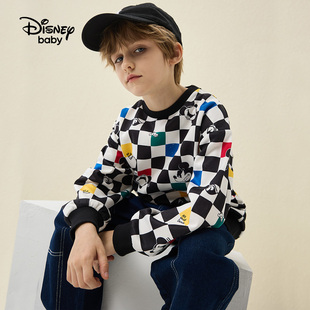 迪士尼男童圆领卫衣2023秋装儿童黑白格子上衣米奇宝宝套头长袖衫