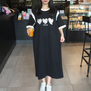 2024夏季韩国东大门大码女爱心，宽松中长款蝙蝠袖，短袖t恤裙连衣裙