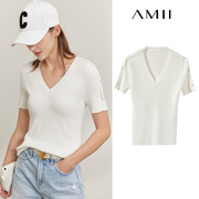 Amii2024年秋白色针织衫女短袖T恤设计感V领修身打底显瘦上衣
