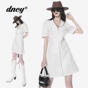 dncy白色连衣裙夏季泡泡袖，polo领简约气质职场高腰a字短裙女