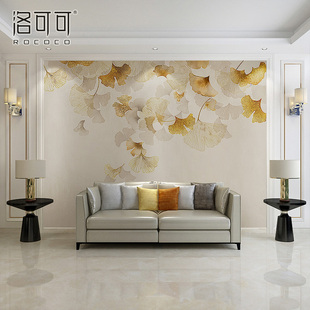 轻奢新中式壁纸客厅沙发电视背景墙纸银杏叶壁布卧室墙布装饰壁画