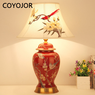 新中式复古陶瓷台灯结婚红色喜庆卧室床头柜灯美式高端客厅沙发角