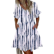 9369#亚马逊速卖通欧美跨境时尚女装短款印花荷叶边口袋V领连衣裙