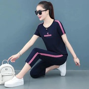 休闲运动服套装女夏季韩版宽松大码跑步短袖，七分裤两件套时尚