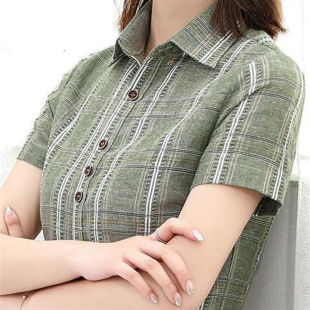 棉麻格子衬衫女2023年中年，上衣妈妈女士衬衣，复古港风夏季短袖