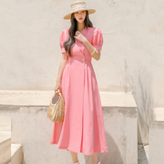 欧美高端大牌连衣裙法式粉色泡泡短袖气质显瘦过膝长裙女夏季